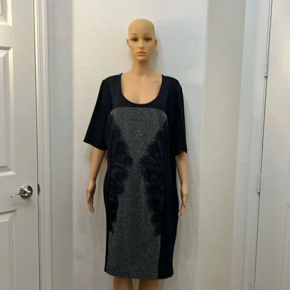 Lane Bryant Dress Sz 20 Scoop Neck Short Sleeve Black White Lace Slip On Midi